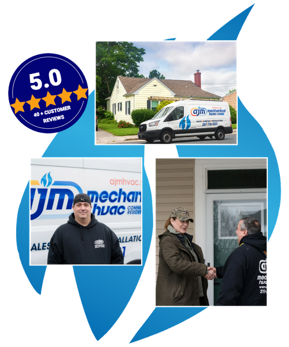 JJM Mechanical HVAC service: A white van at a home, a technician, and a handshake, highlighted by a 5-star review icon.
