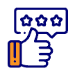 Thumb up with three stars in a speech bubble, indicating positive feedback. The hand is outlined in blue with an orange accent.