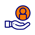 Hand holding a person icon in an orange circle, symbolizing care or support.