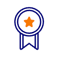 Blue and orange award badge with a star inside.