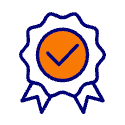 Blue and orange badge with a checkmark, symbolizing quality or approval.