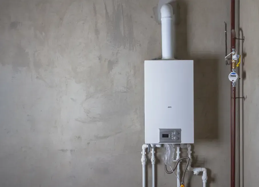 White wall-mounted gas boiler with pipes against a gray concrete wall.