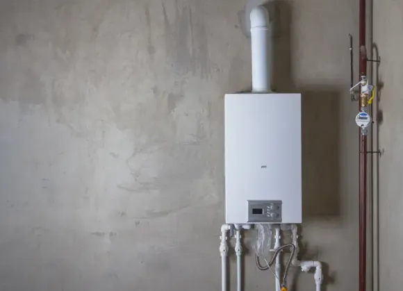 White wall-mounted gas boiler with pipes and flue against a gray concrete wall.