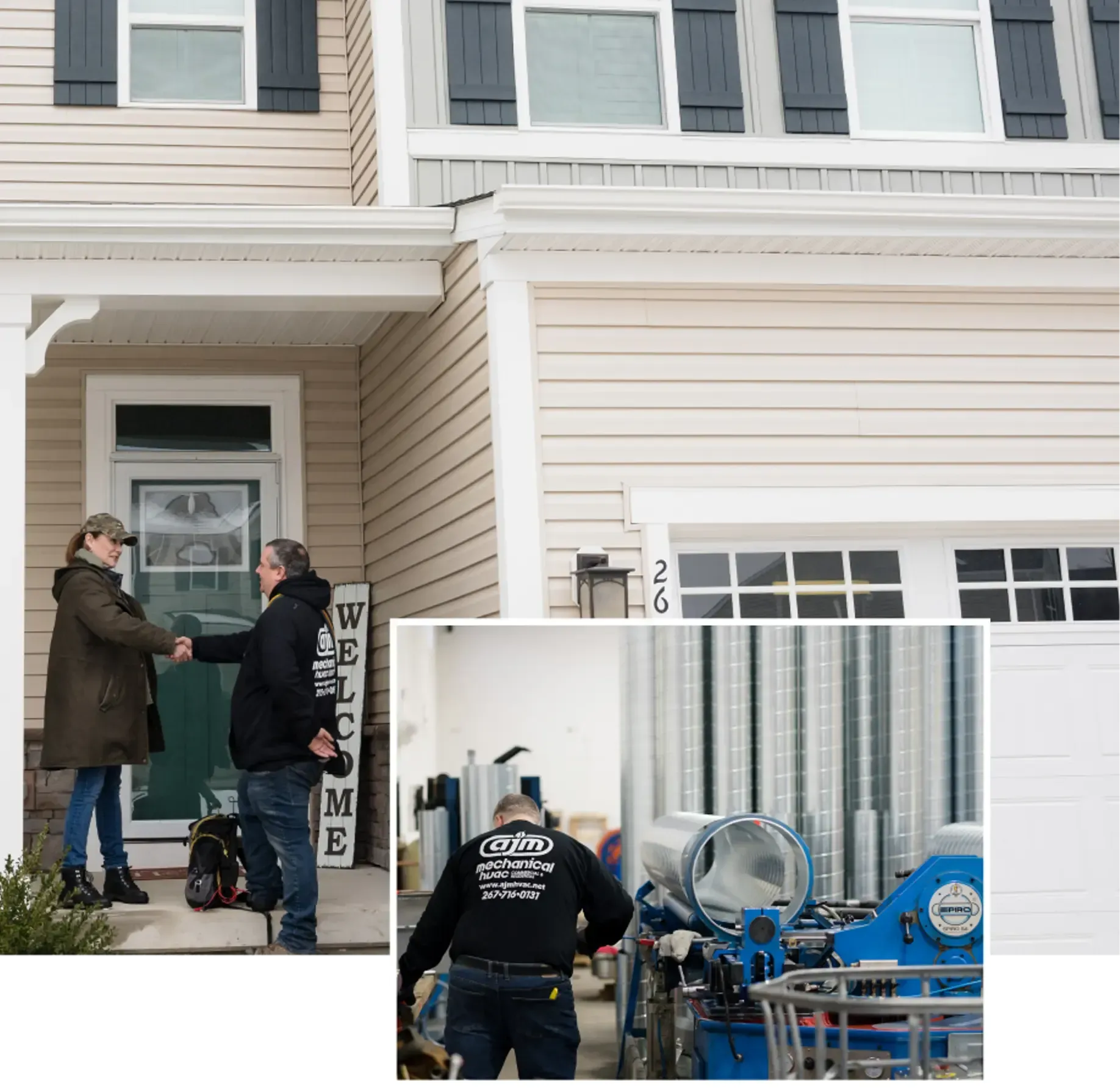 Two people shaking hands in front of a house; a worker in a shop. The house is beige with dark shutters.  One man wears a 