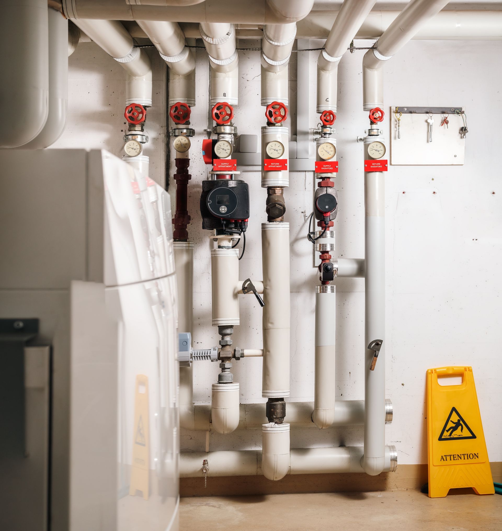 Pipes and valves in a utility room, with a pump, gauges, and a caution sign on the floor.