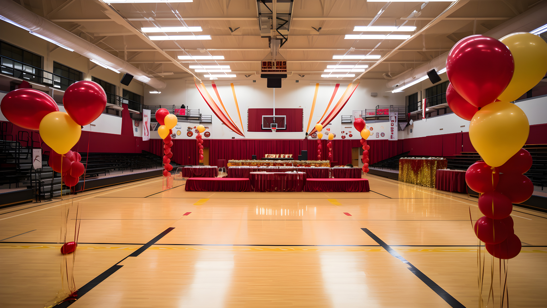 A basketball court decorated with red and yellow balloons for a graduation ceremony.