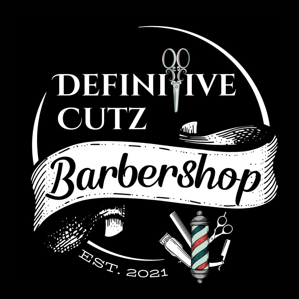 Black logo for "Definitive Cutz Barbershop" with scissors, barber tools, and ribbon banner.