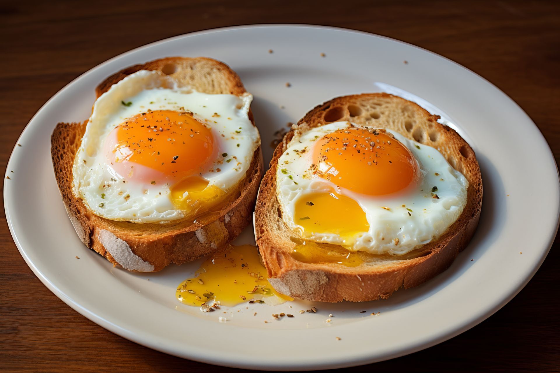 Two fried eggs on toast on a white plate