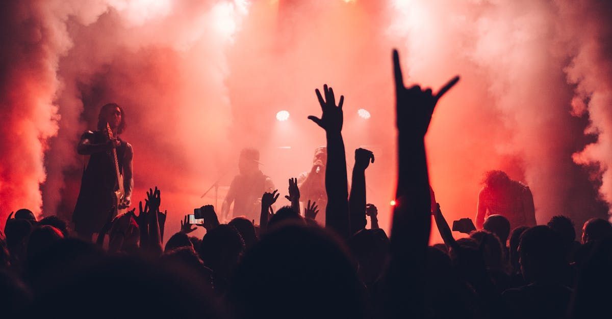 A crowd of people at a concert with their hands in the air.