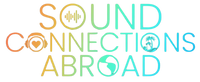 a logo for sound connections abroad with a rainbow background