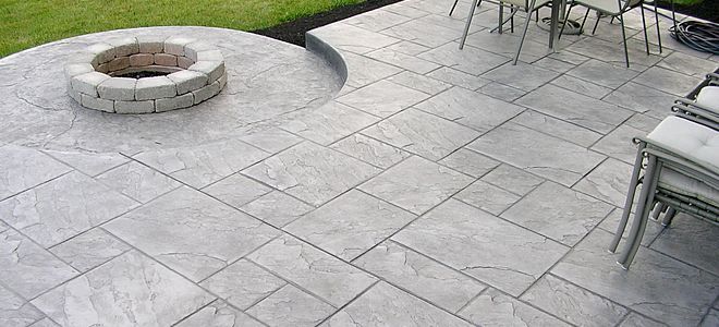 Stamped concrete in backyard