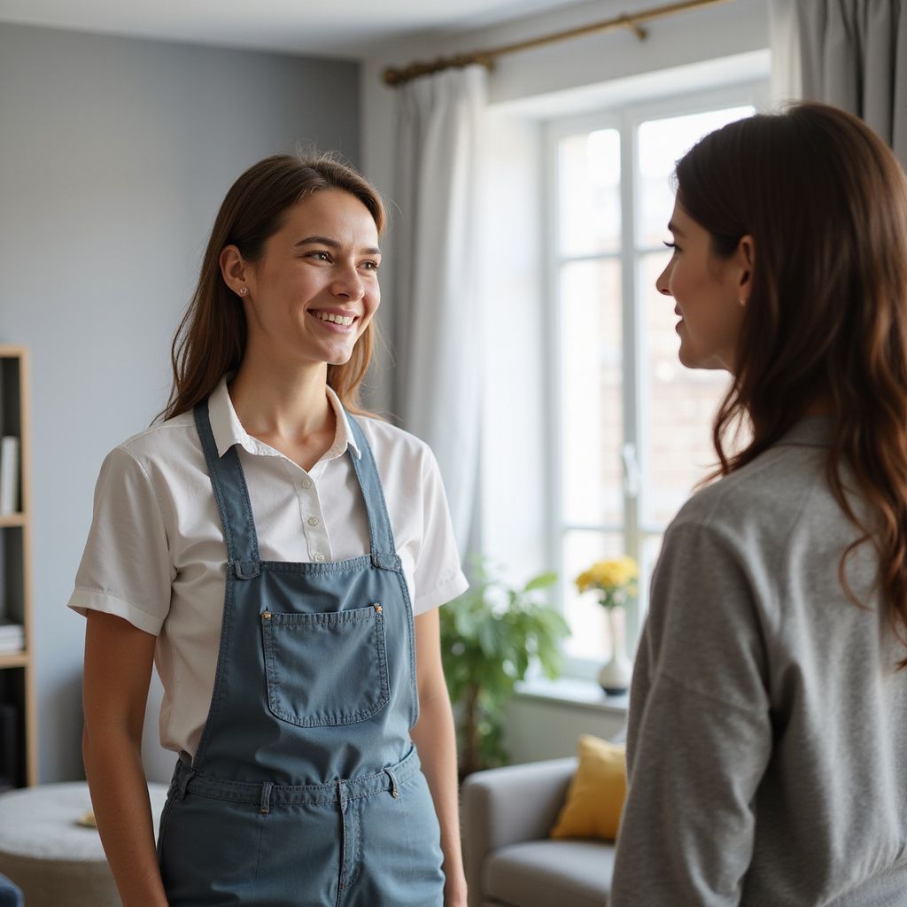 Two women talking in a living room. One wears an apron and smiles. The other wears a grey sweater.