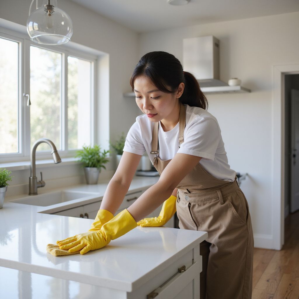 Woman in apron and gloves cleaning a white countertop in a kitchen.