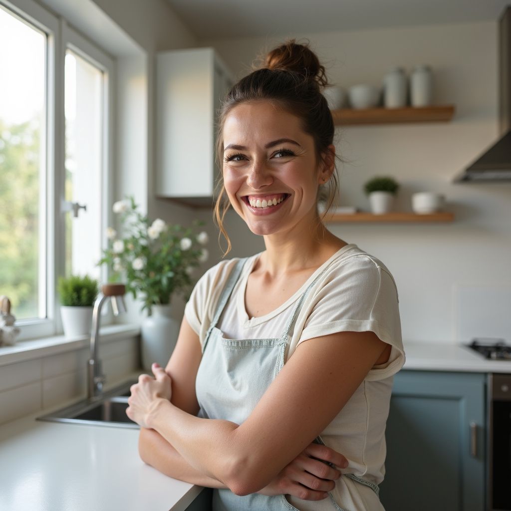Woman in apron smiles in kitchen, arms crossed.