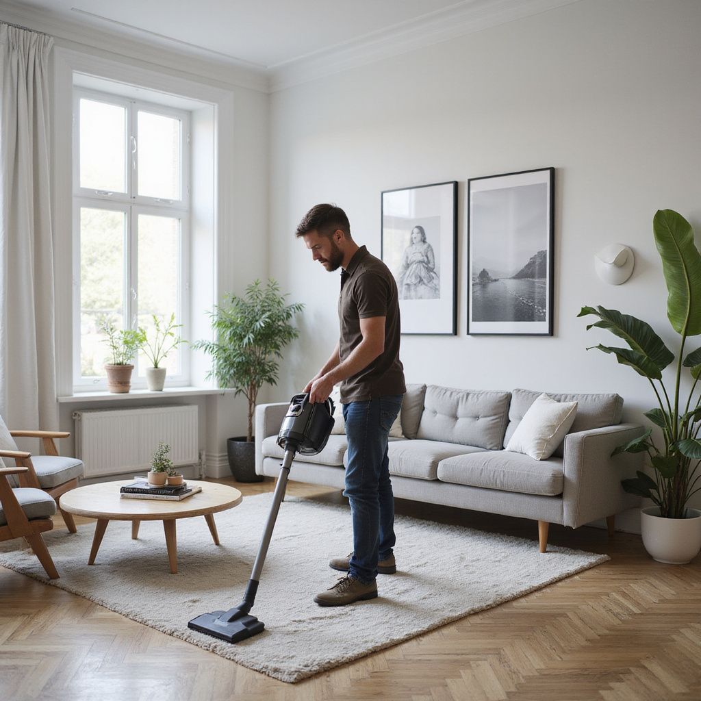 Man vacuums a rug in a bright living room with plants, a sofa, and art.