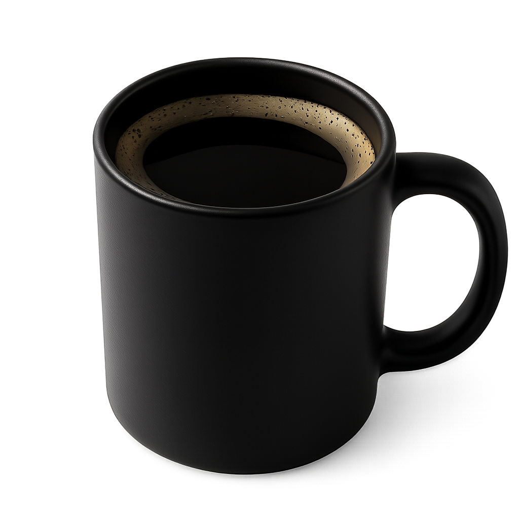 Black coffee in a black mug; a close-up view showing the foam around the top.