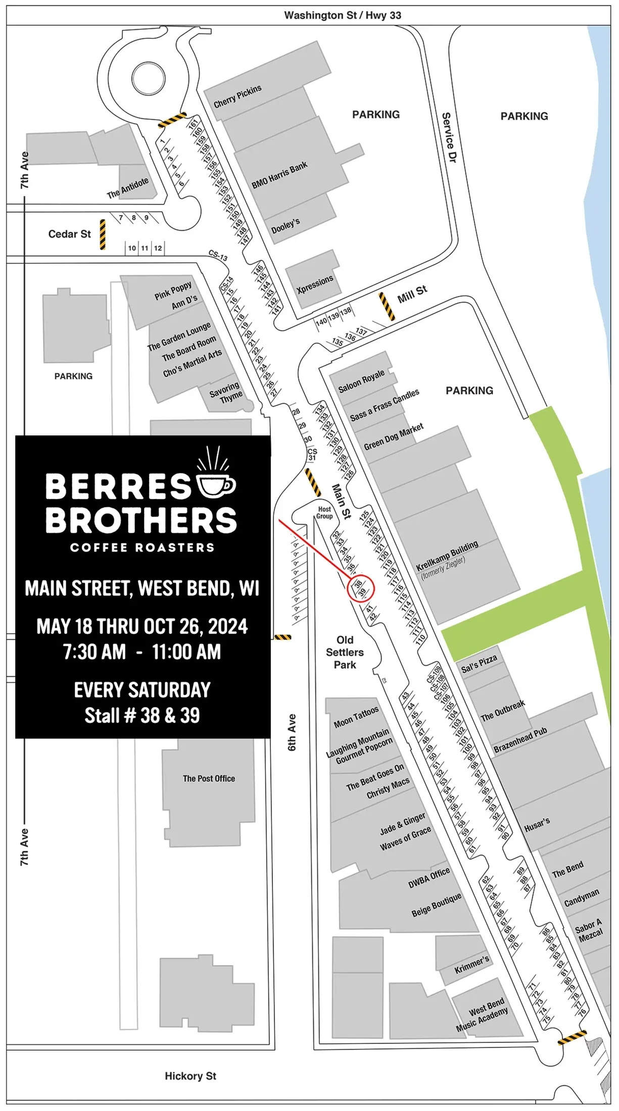 Map for Berres Brothers Coffee Roasters' event on a street with shops and parking. Green area is open space.