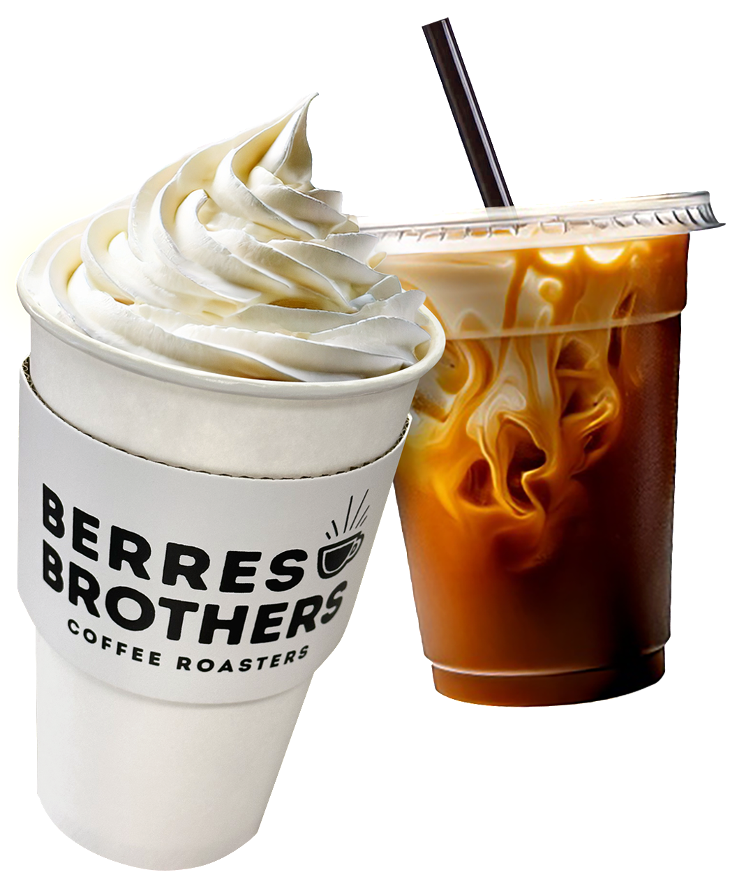 A white paper cup with whipped cream next to an iced coffee, both from Berres Brothers Coffee Roasters.