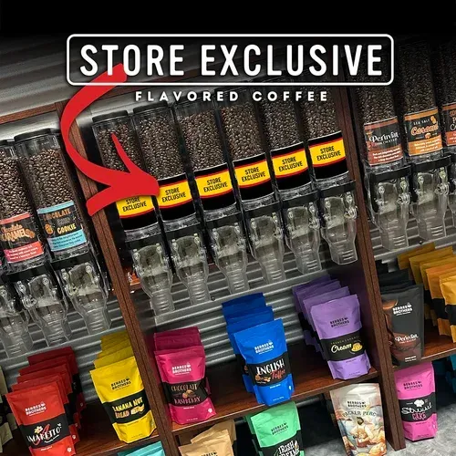 Store display of flavored coffee beans in dispensers, with bags of coffee below. Text reads