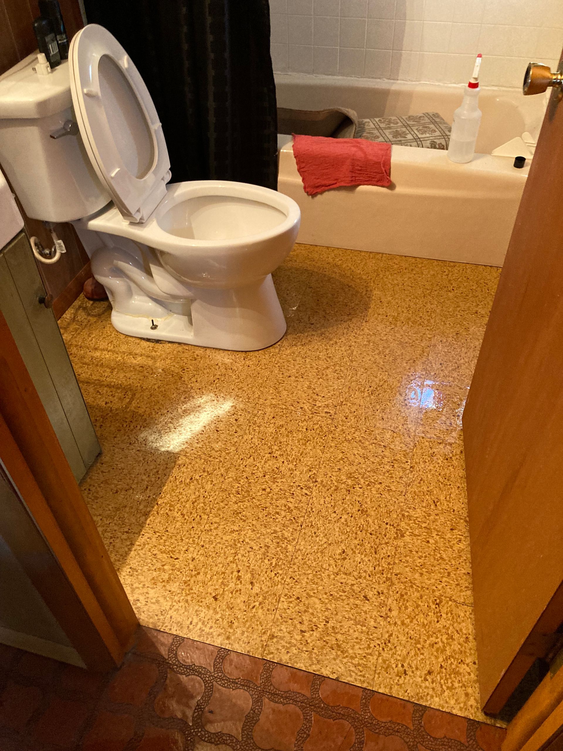 A bathroom with a toilet and a bathtub.