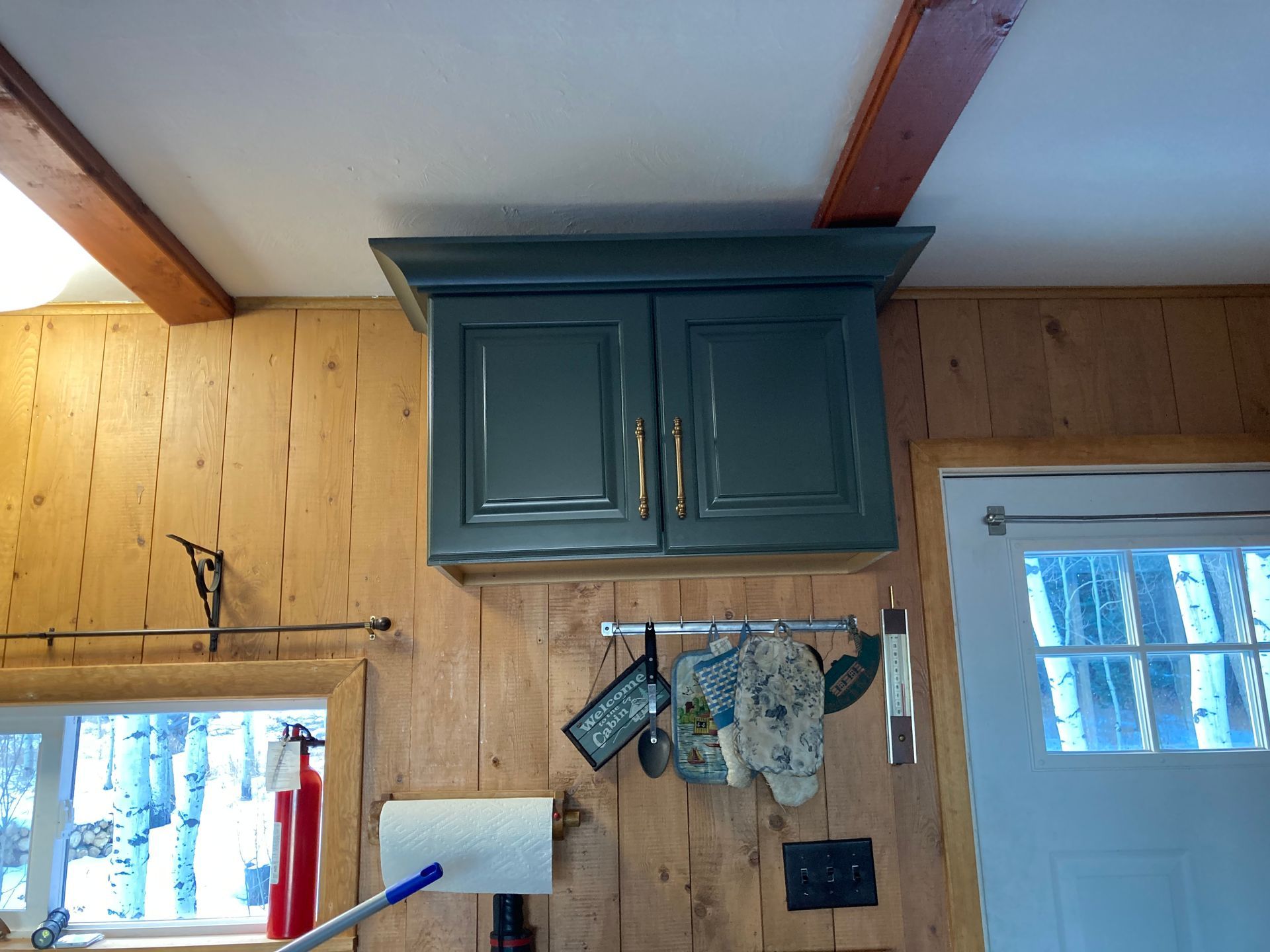 A kitchen with a green cabinet above the sink