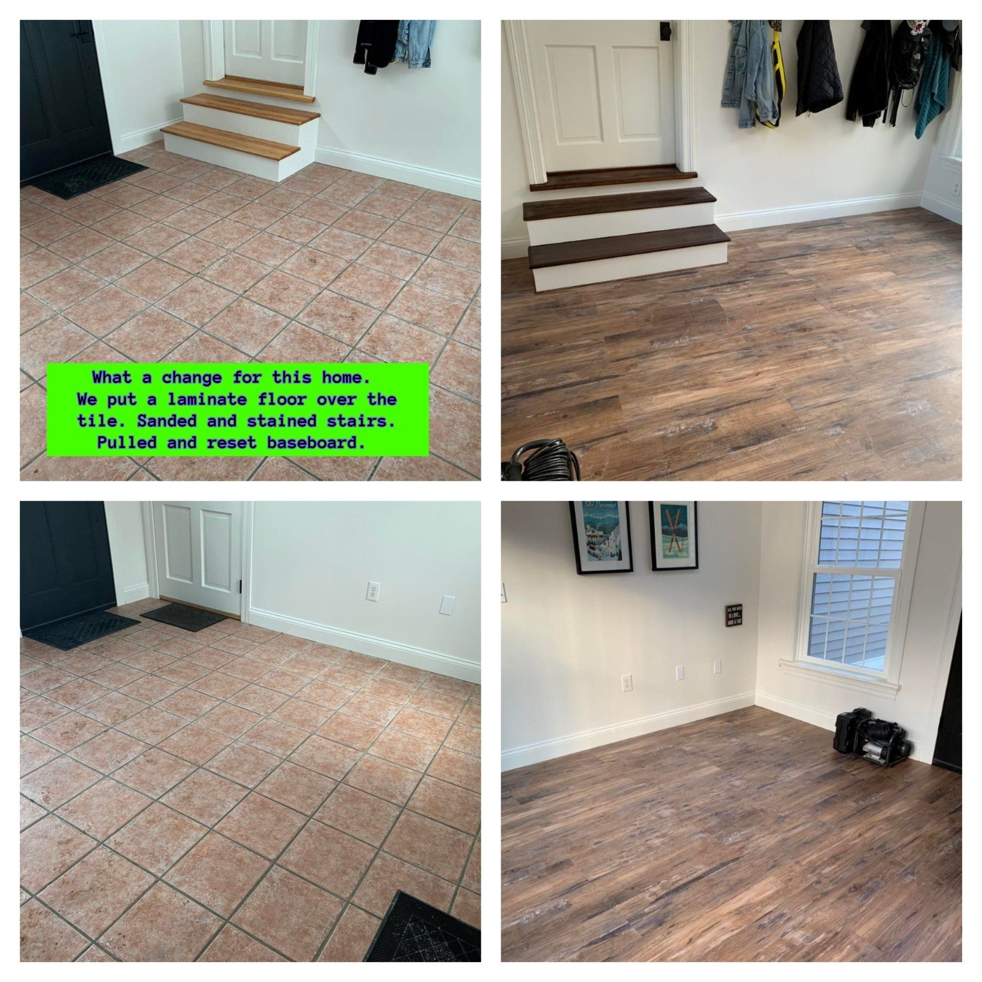 A collage of four pictures of a room with tile floors and stairs.
