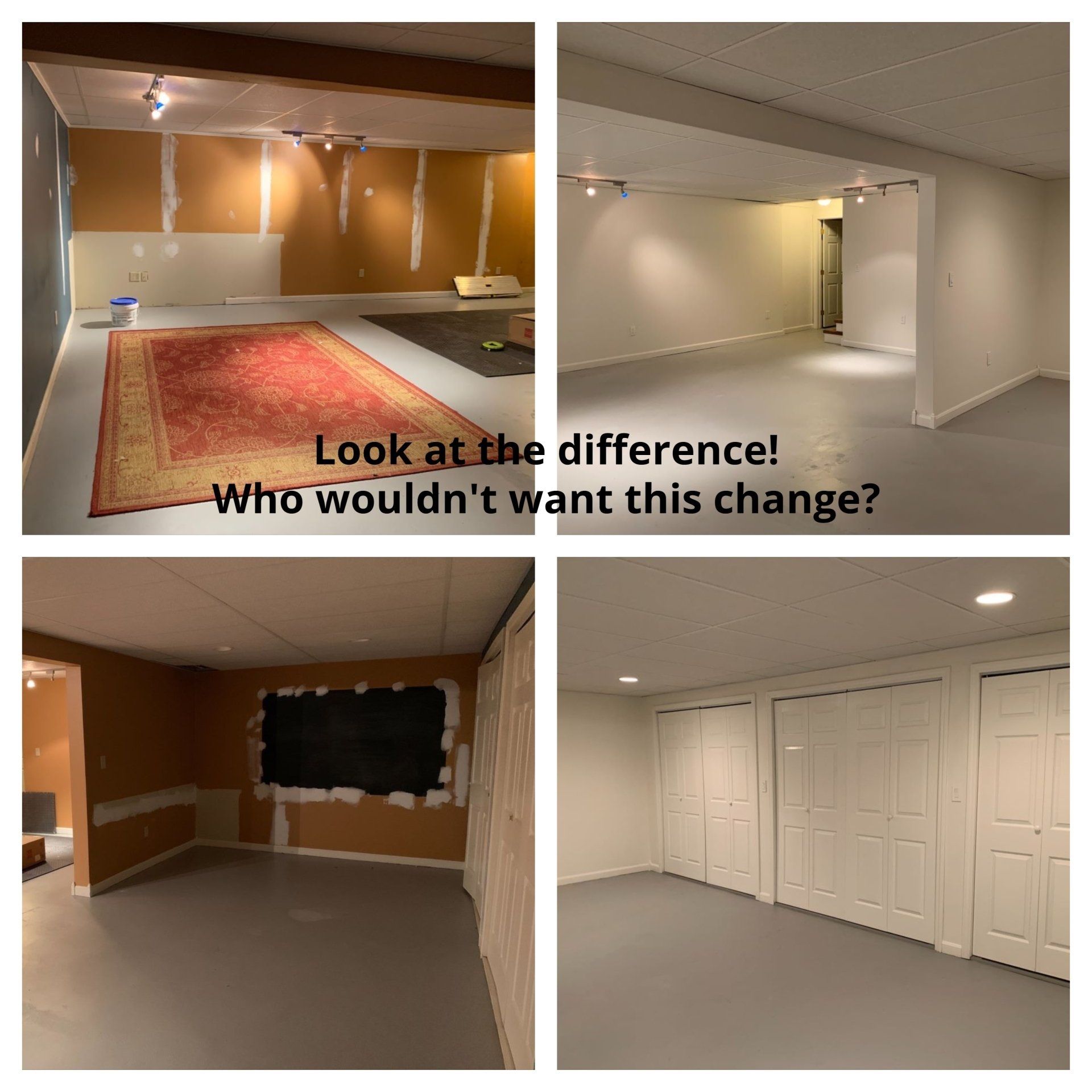 A collage of pictures of a basement with the words look at the difference who wouldn 't want this change