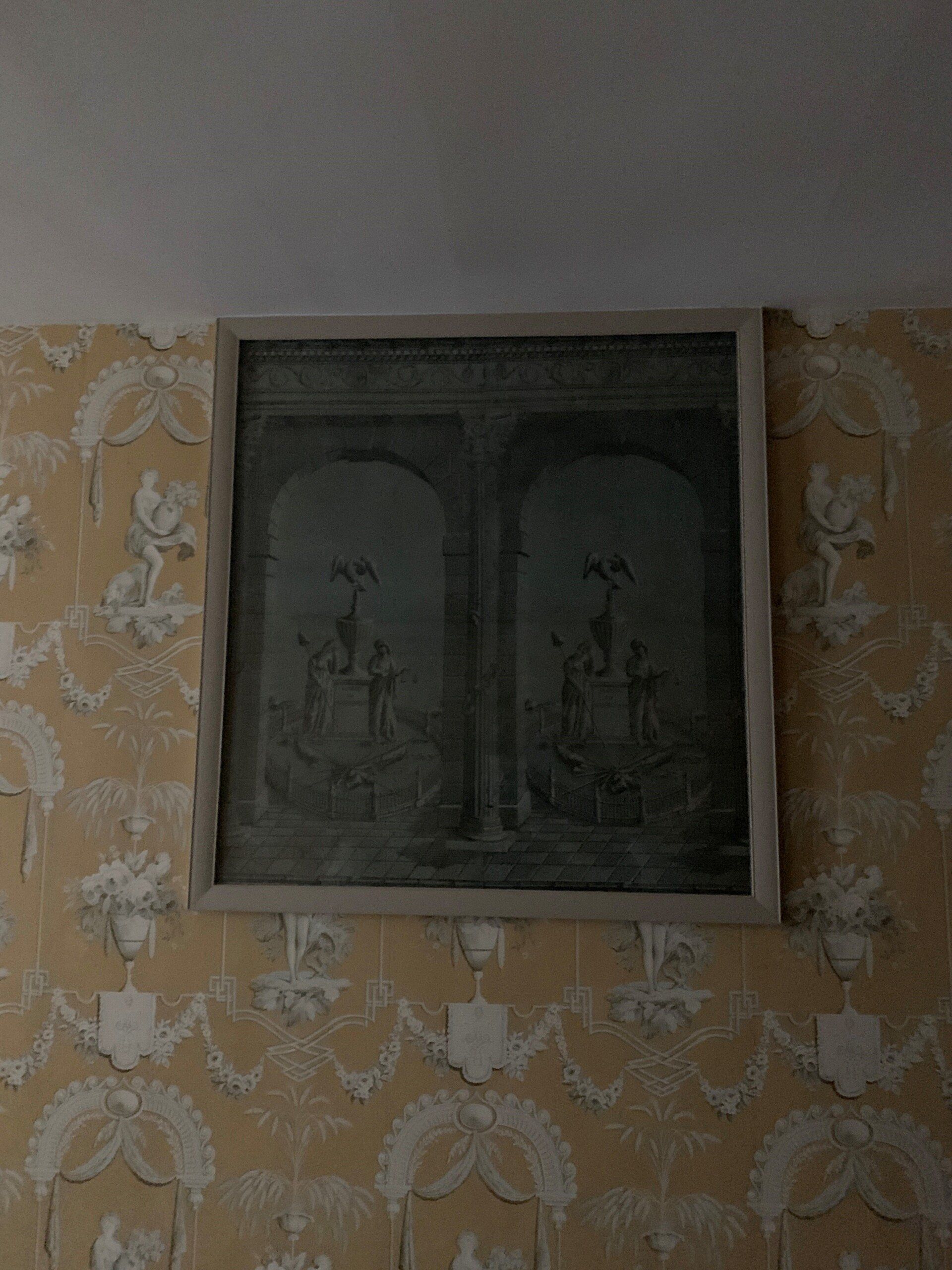 A picture in a frame is hanging on a wall