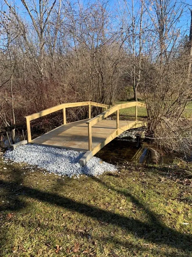 A small wooden bridge over a stream in the woods.