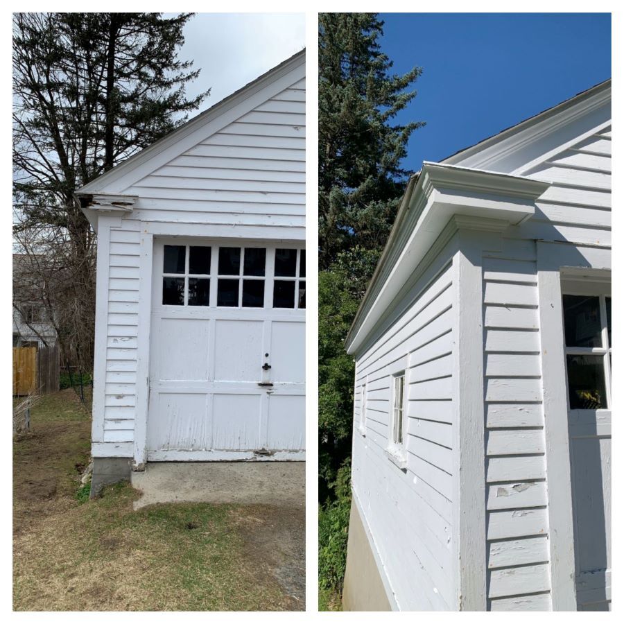 Two pictures of a white garage door and side of a house