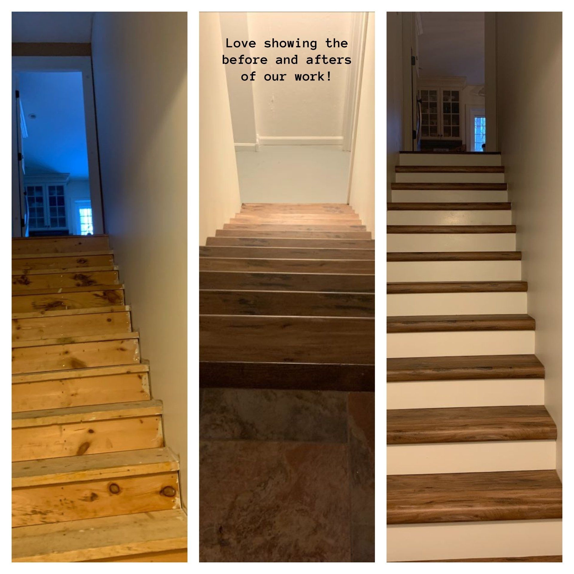 A before and after picture of a staircase with the words love knowing the before and afters of our work