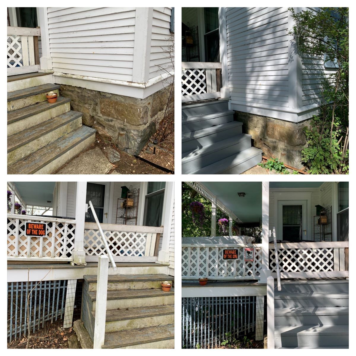 A collage of four pictures of a house with stairs and a porch.