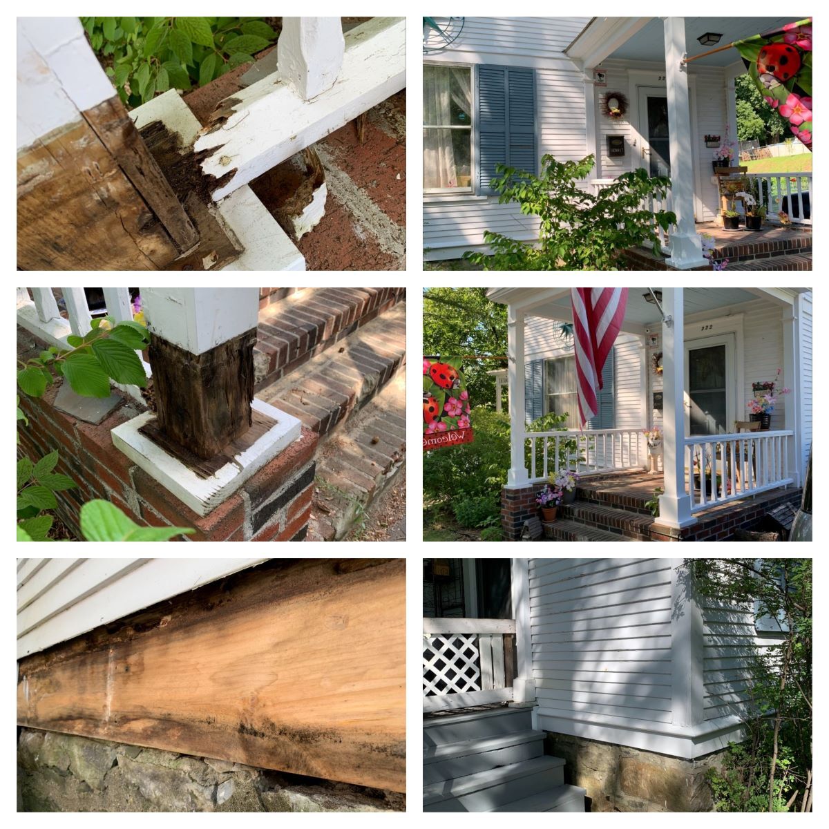 A collage of pictures of a house with a porch and stairs.