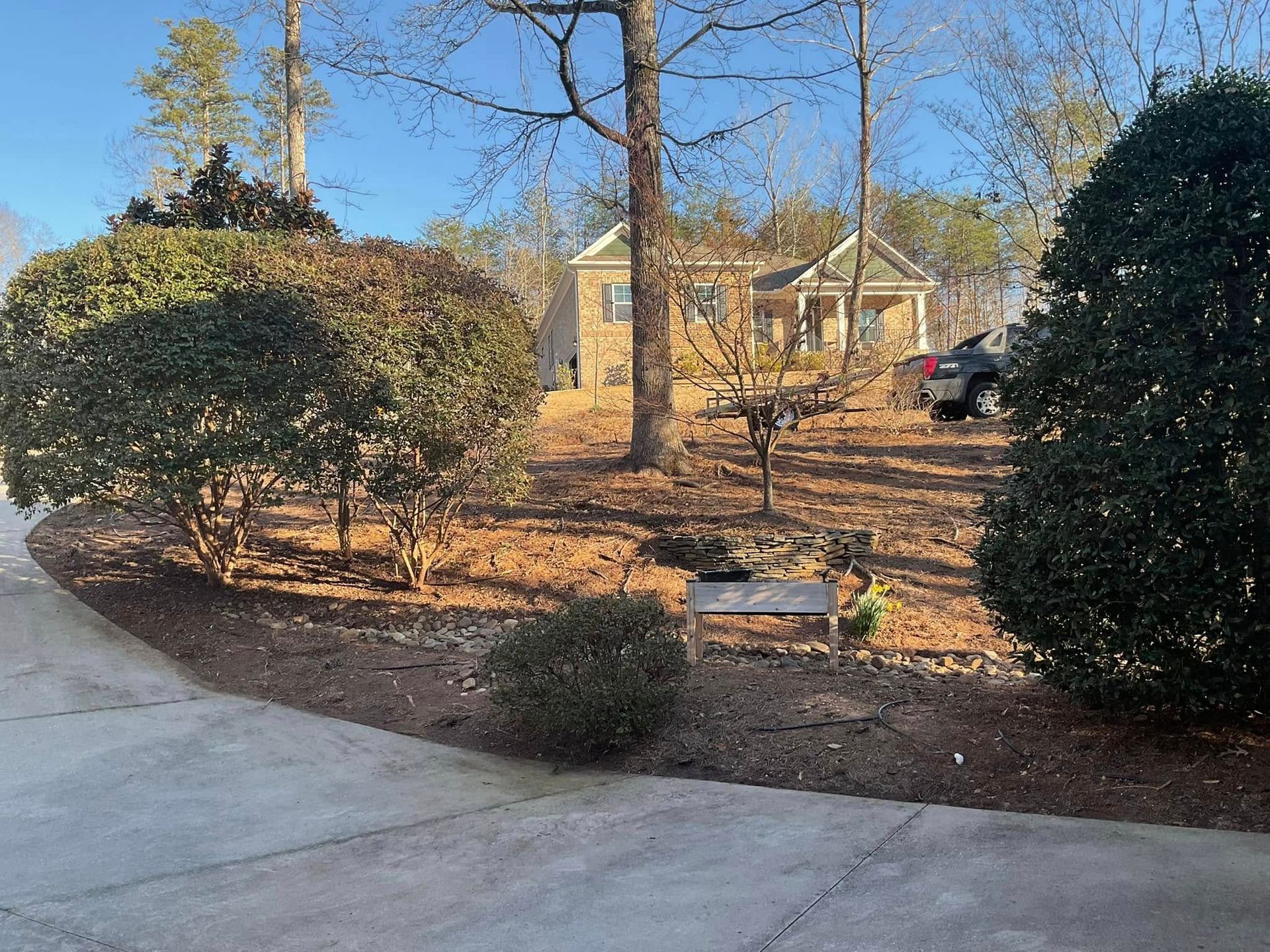 A driveway leading to a house surrounded by trees and bushes.