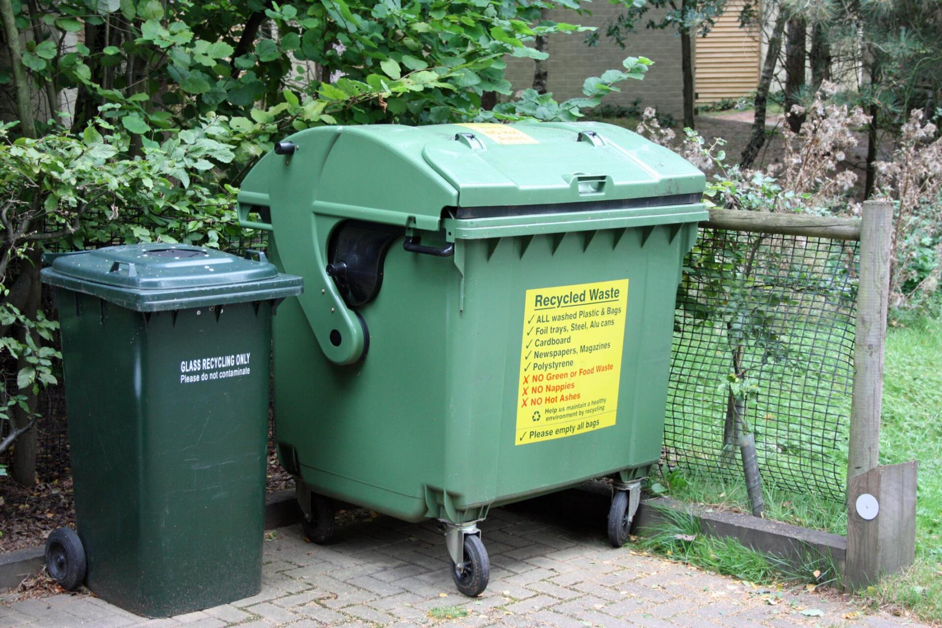two garbage dumpster near the garden