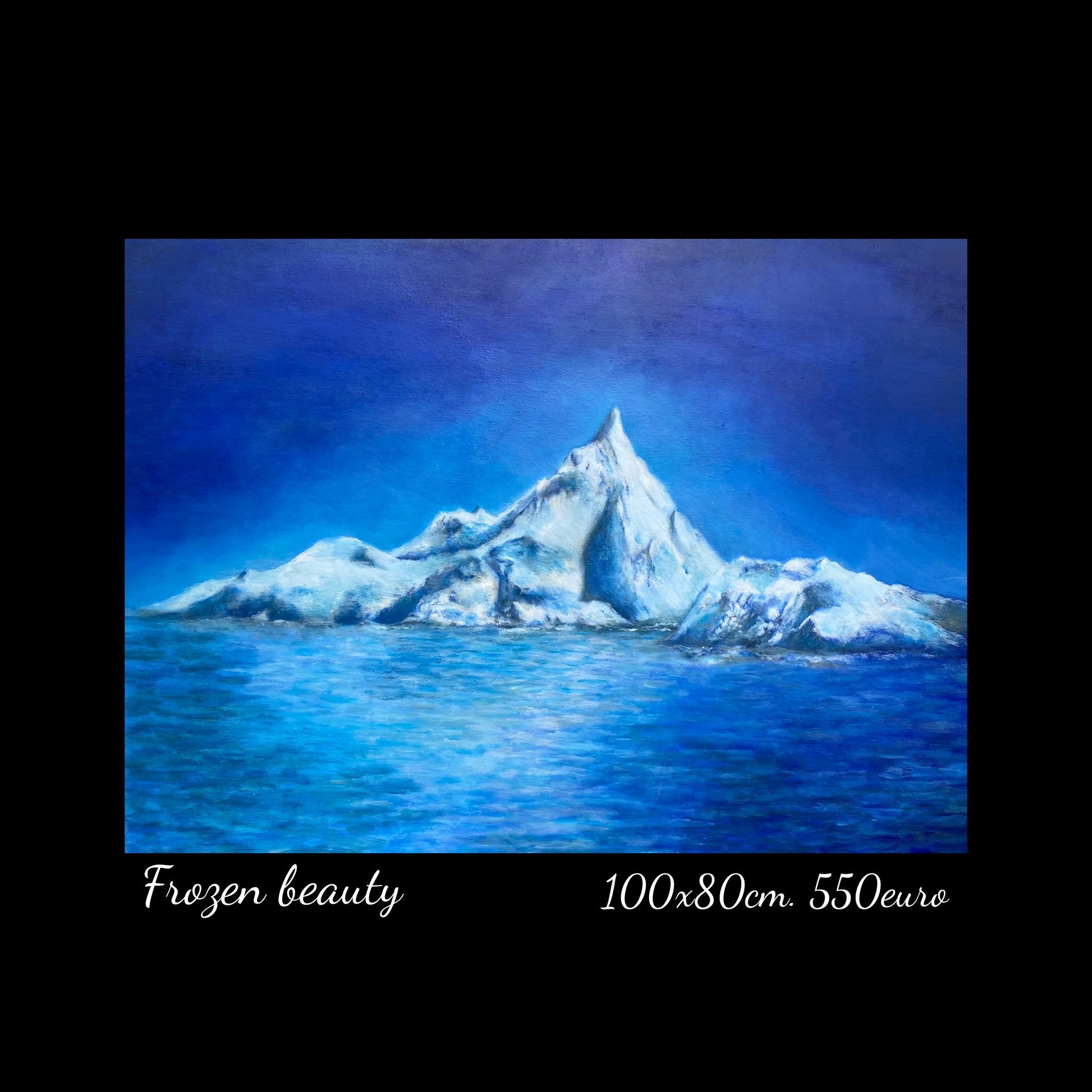A painting of an iceberg in the ocean titled frozen beauty
