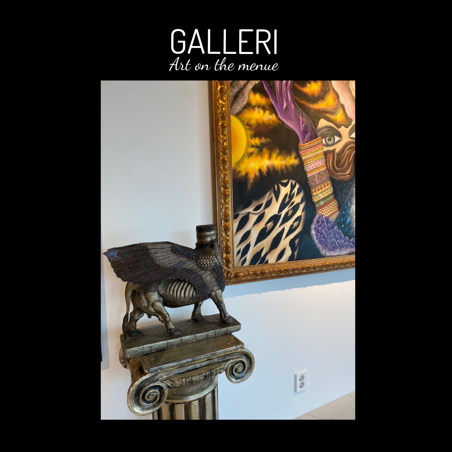 A statue of a lion is sitting on a pedestal in front of a painting.