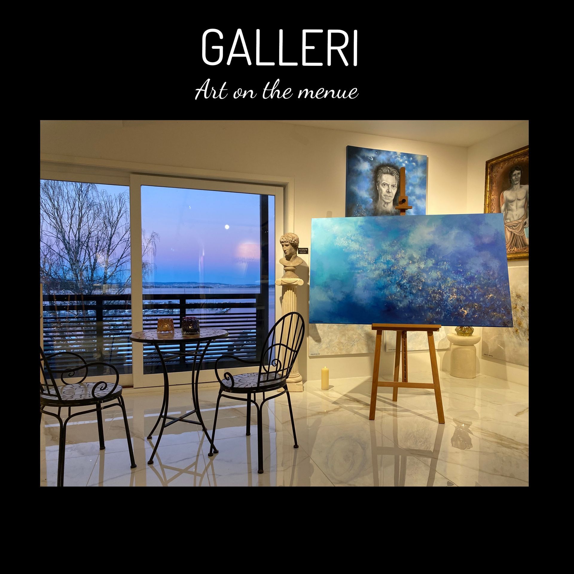 A room with a table and chairs and a painting on an easel that says ' galleria art on the menu '