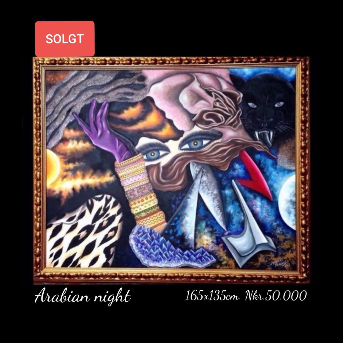 A framed painting of a man with a beard titled arabian night