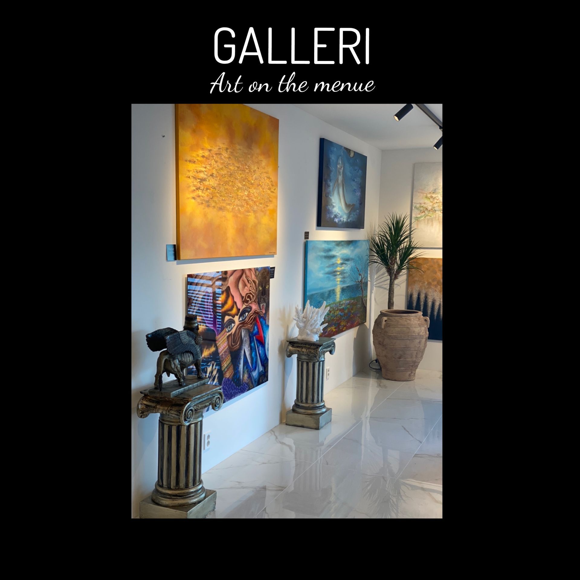 A picture of a gallery with paintings on the wall