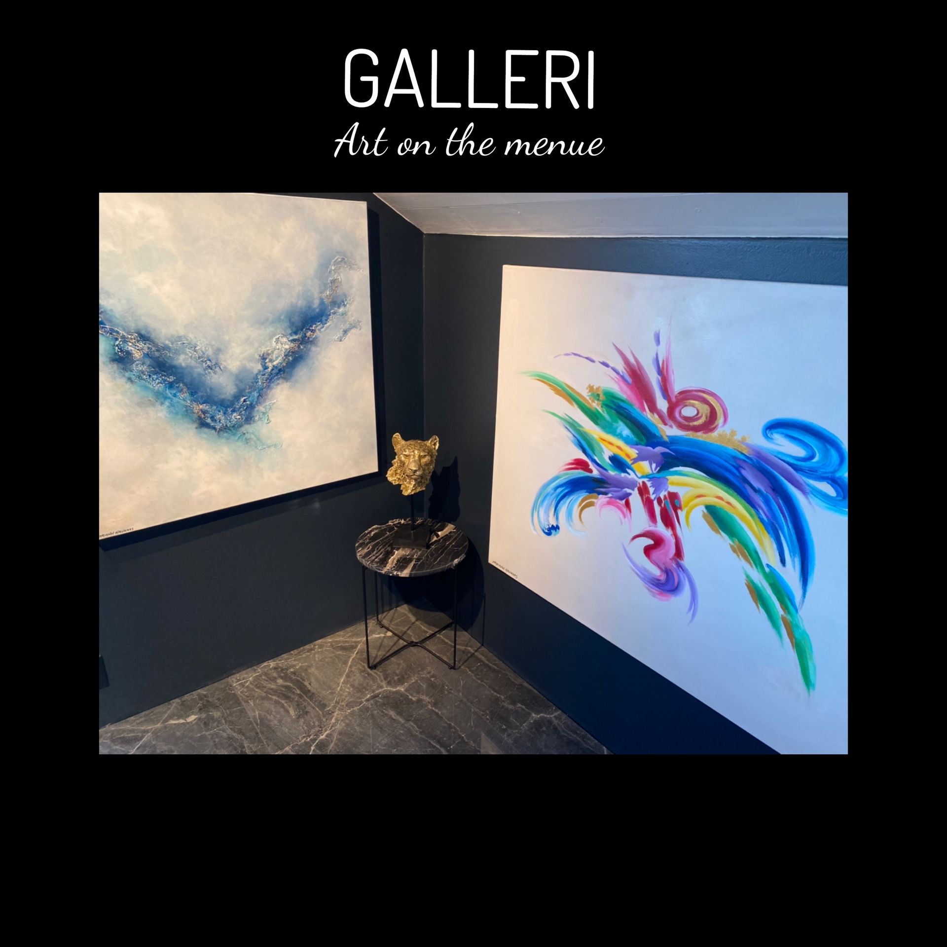 There are two paintings on the wall in a room.