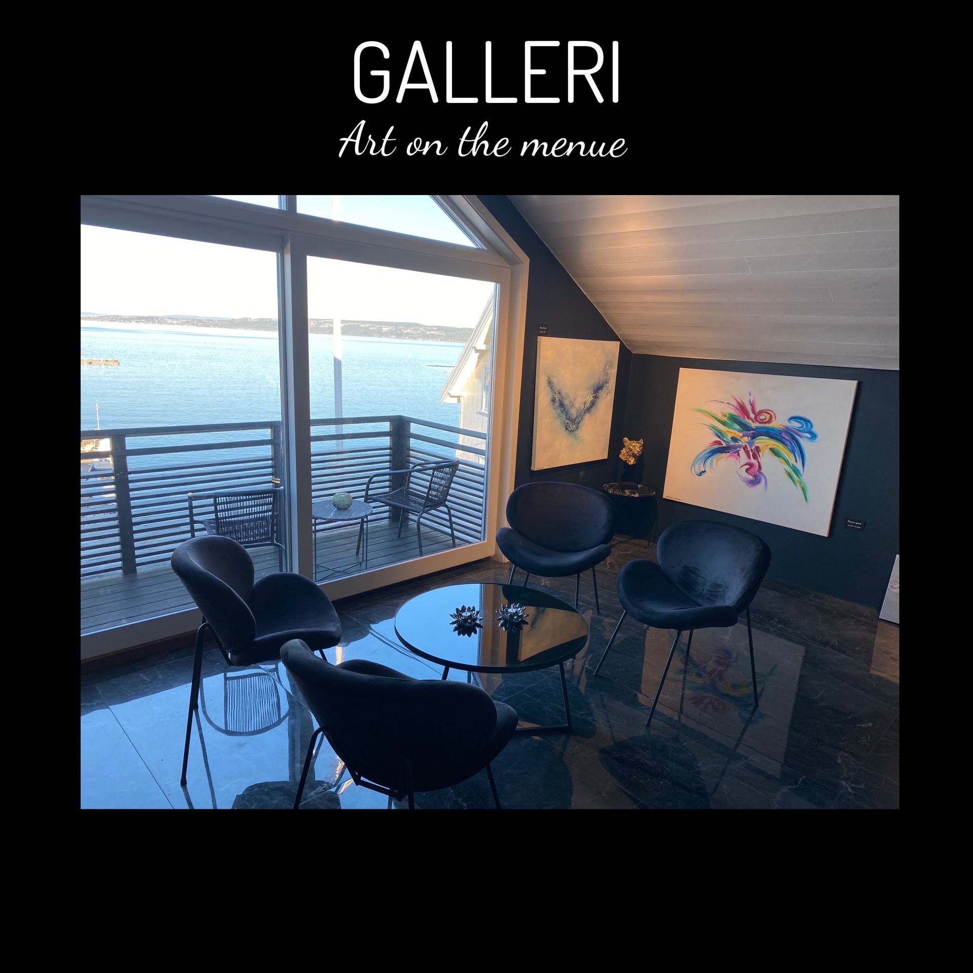 A living room with a table and chairs and a sign that says ' galleria art on the menu '