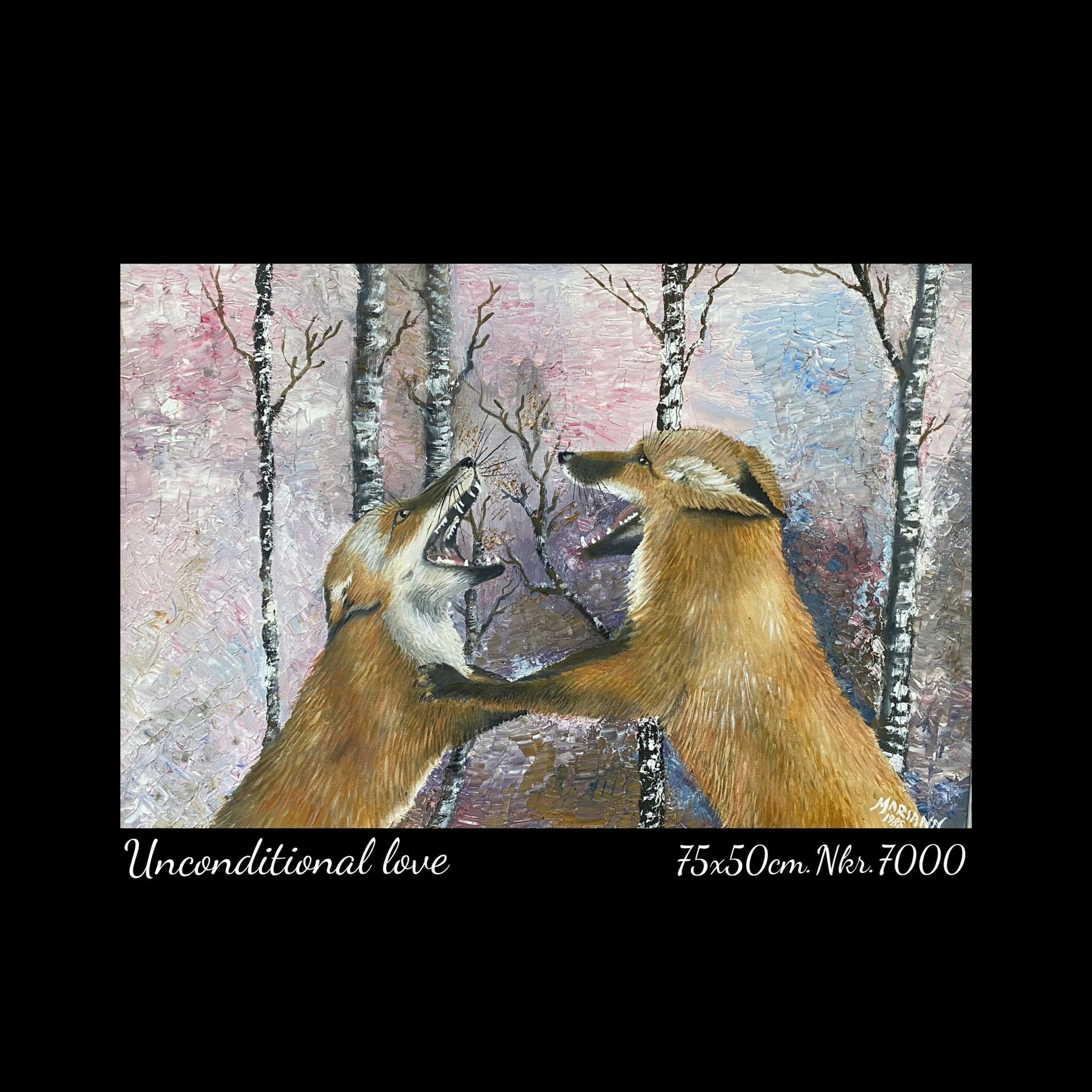 A painting of two foxes standing next to each other in a forest.