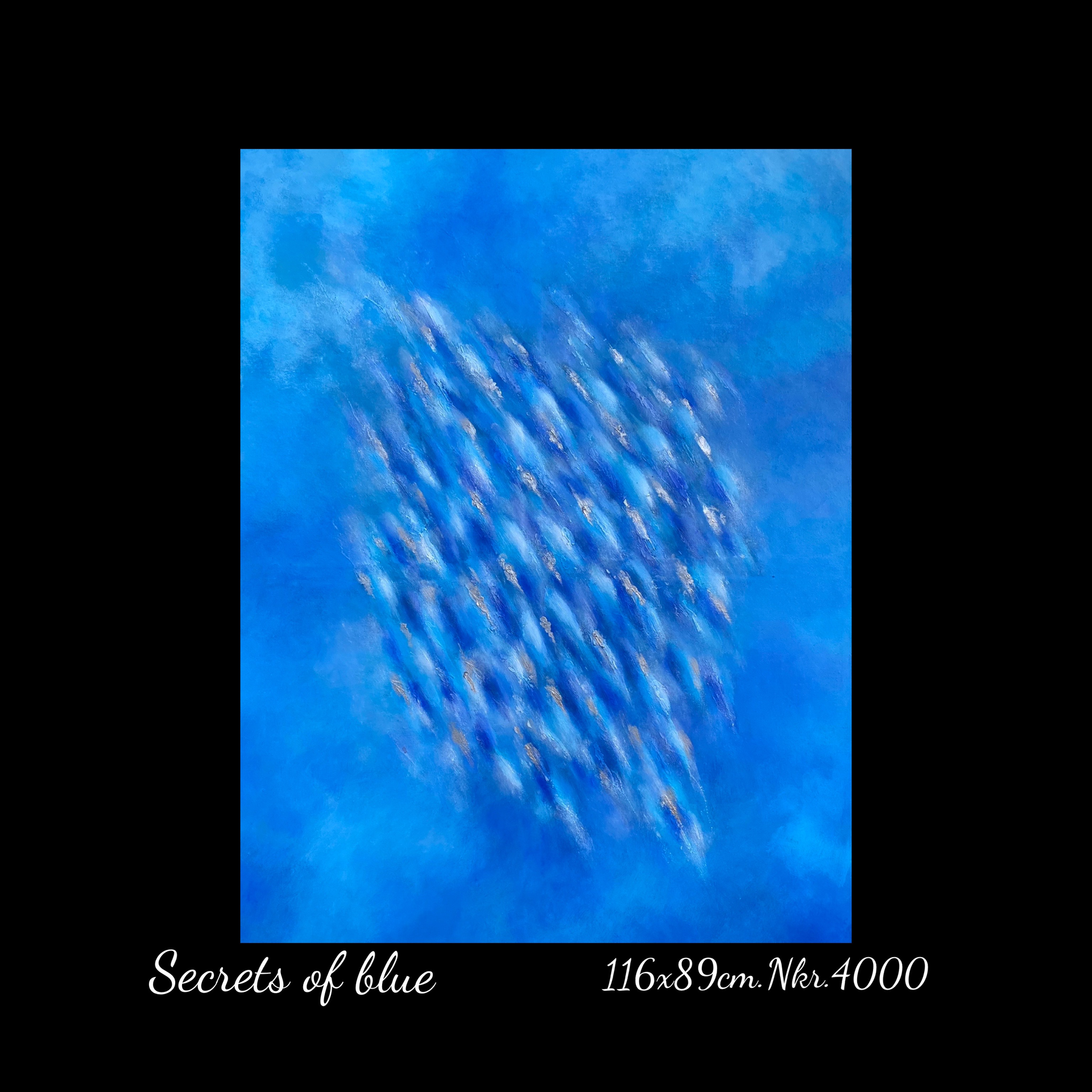 A painting of a flock of fish on a blue background titled secrets of blue