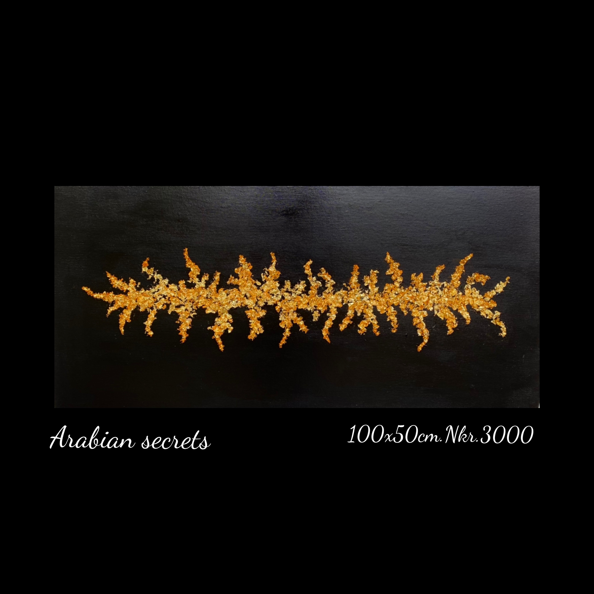 A black and gold painting with the words arabian secrets on the bottom
