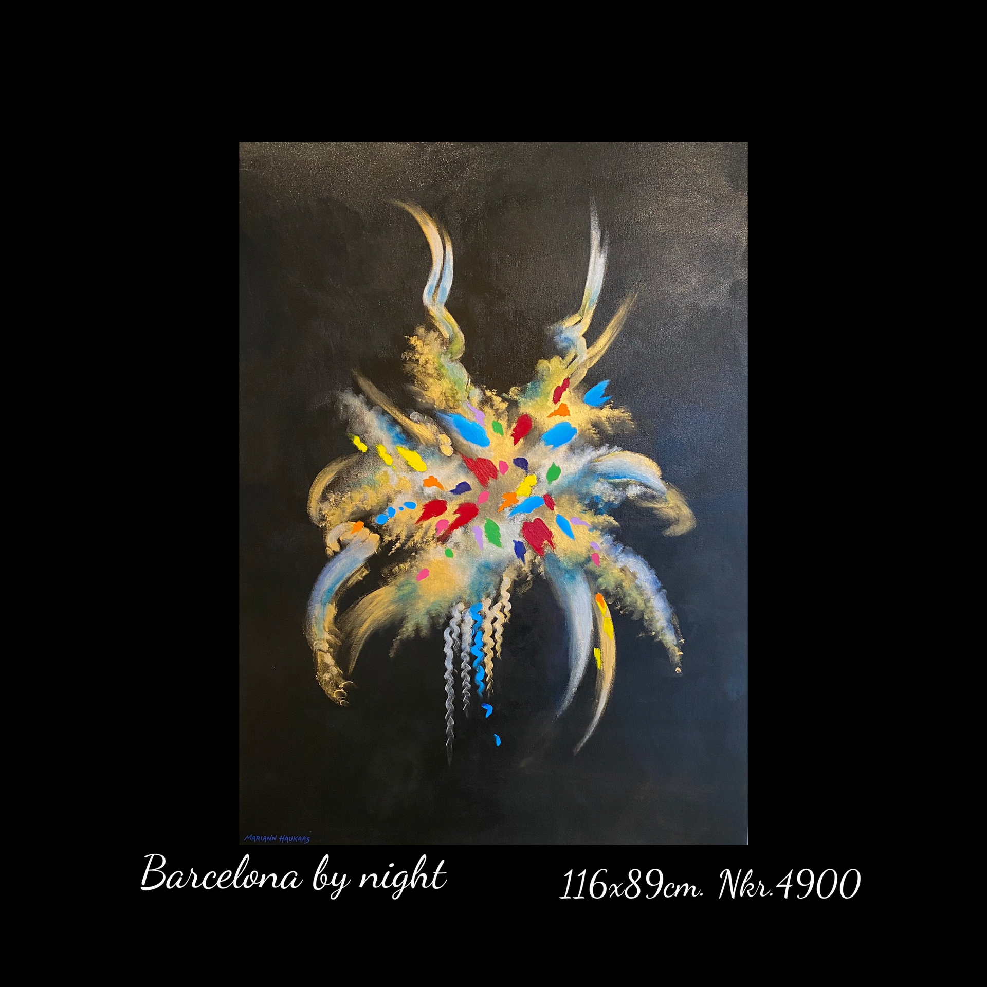 A painting of a colorful flower is titled barcelona by night