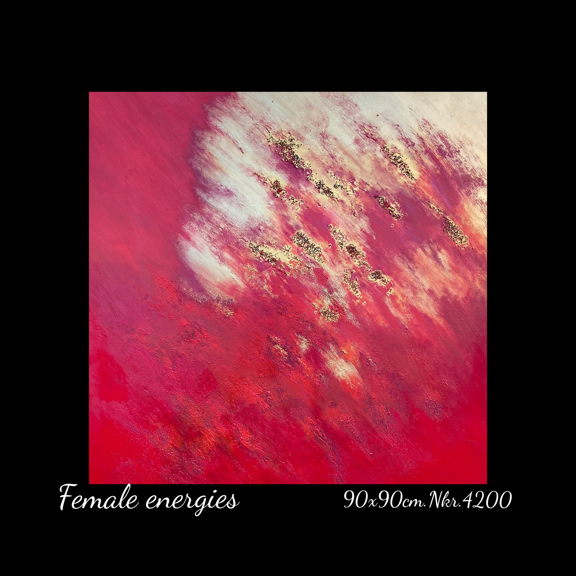 A red and white painting titled female energies
