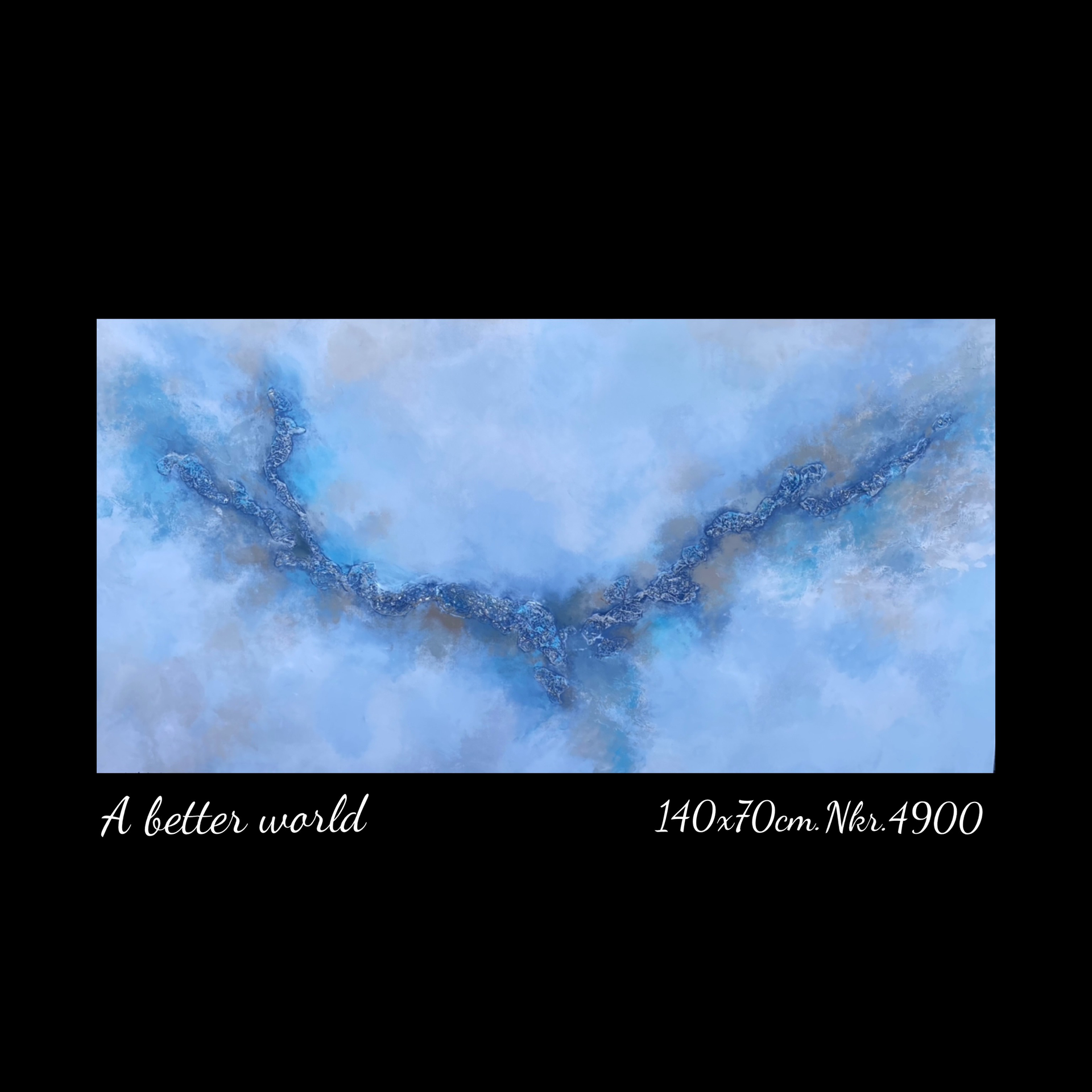 A painting of a blue sky with clouds on a black background.