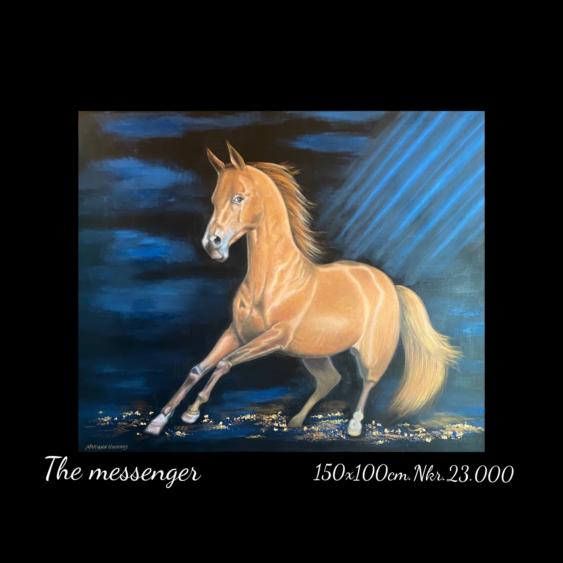 A painting of a horse is titled the messenger