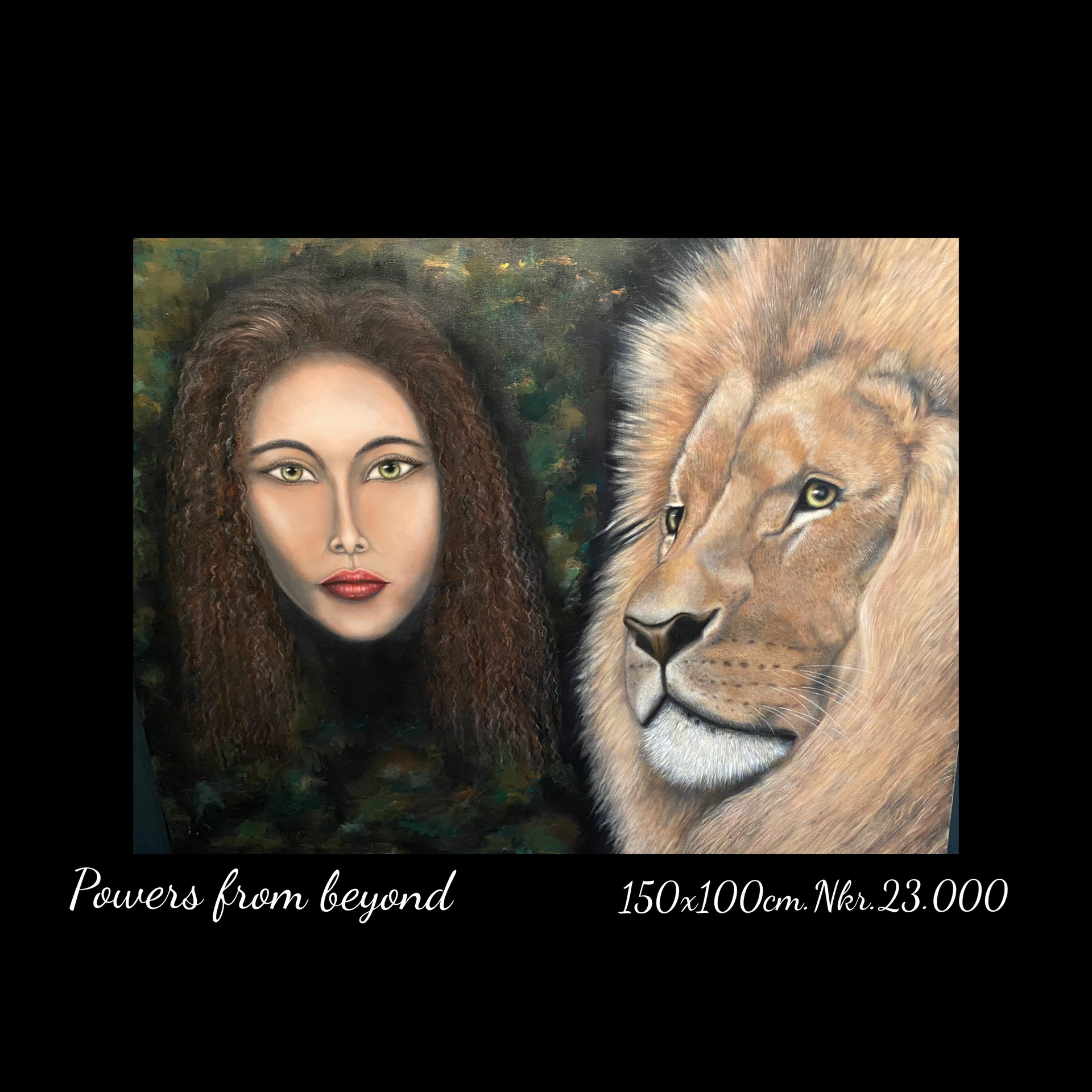 A painting of a woman and a lion with the caption powers from beyond
